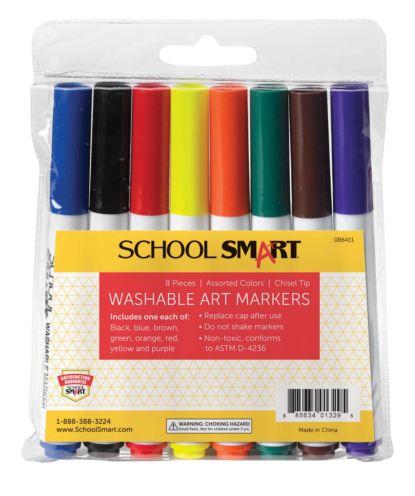 School Smart Washable Markers, Chisel Tip, Assorted Colors, Pack of 8 086411
